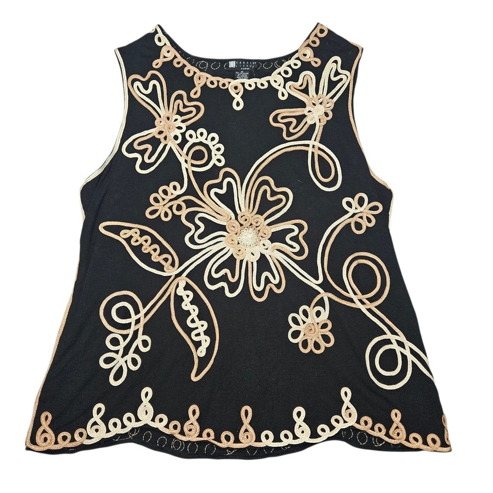 Carole Little VTG Style Soutache Floral Tank Top Black Tan Sz 1X NWT
